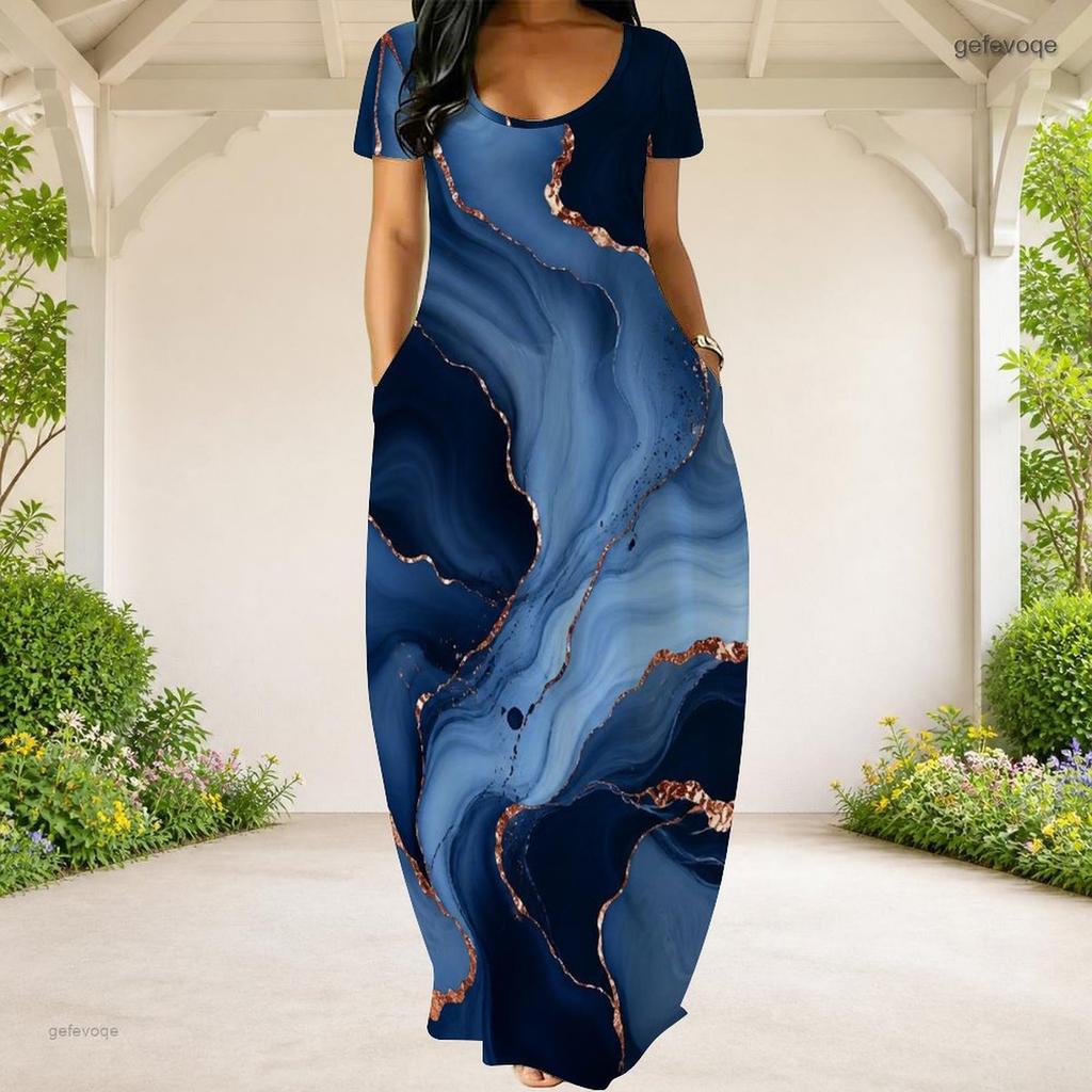 Women Plus Size Round Neck Short Sleeve Printed Loose Maxi Dress With Side Pockets