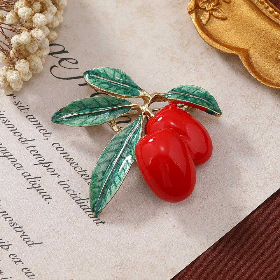 Retro Cherry Olive Branch Enamel Pin Brooch for Women's Fashion Accessories