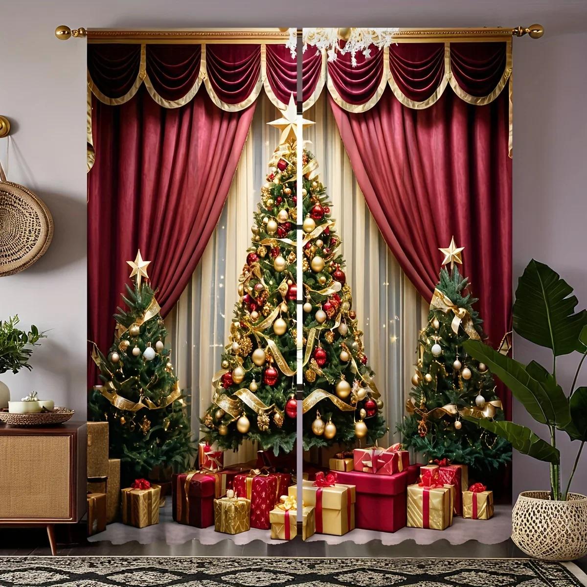 

3D Современная Рождественская елка и красочные украшения Принт Полупрозрачные шторы Панели - 2 шт Карманные оконные шторы для спальни (W50cmxH130cm)x2&Grommet Top