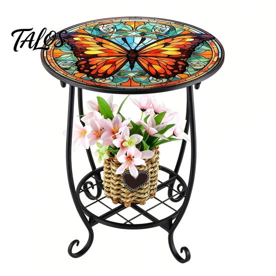 Mesa Lateral Externa Talos, Redonda Pequena Mosaico Pássaro Borboleta Acento de Pátio, Mesa de Apoio para Plantas Café Chá Interna para Quintal Varanda Jardim Sala de Estar, Quarto