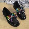 Sequin Bow Single Shoes Autumn New Square Toe Deep Mouth Splice Slip-on Soft Sole Anti-Slip Wear-Resistant Kitten Heels