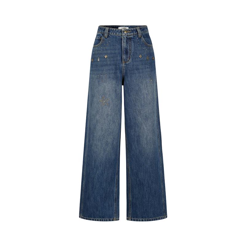 Juzhi Annakou Women's 100% Cotton Irregular Rhinestone Curved Denim Jeans