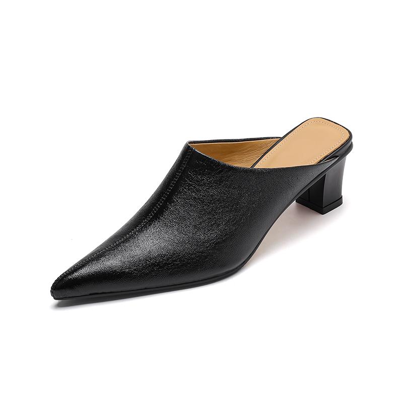 Fashion 2025 Women's New Spring/Summer Pointed Sheepskin Leather Genuine Leather Sheepskin Baotou Middle Heel Large Muller Half Slippers