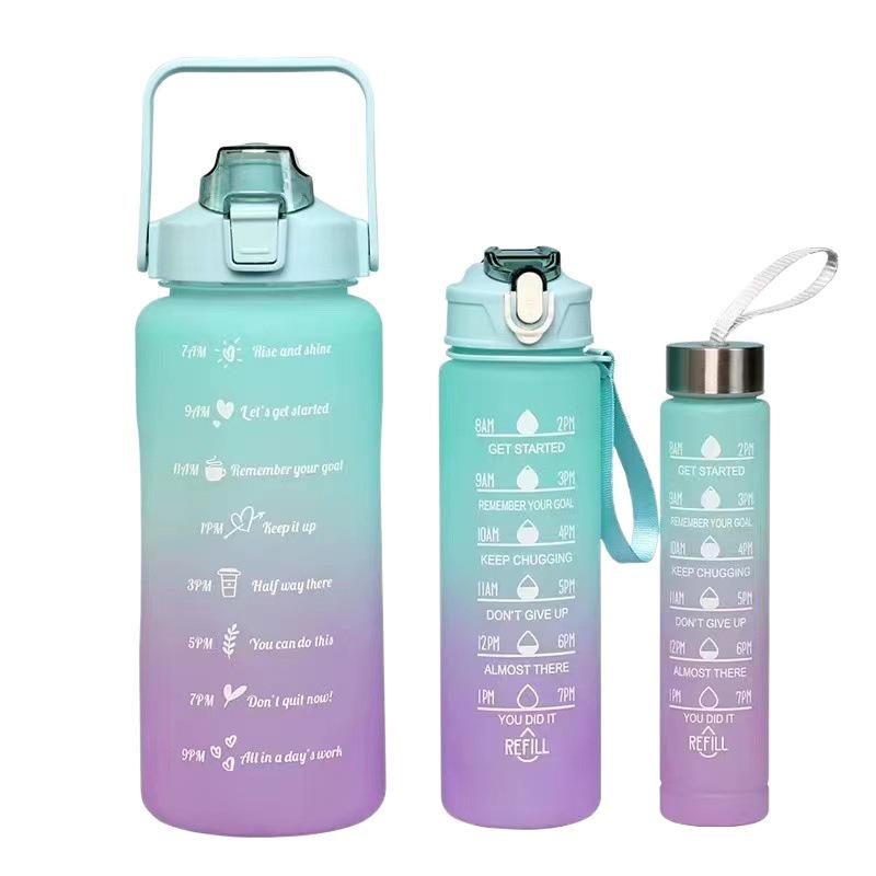 Gradient Color Large-Capacity Frosted Sports Water Bottle with Straw - 3-Piece Set