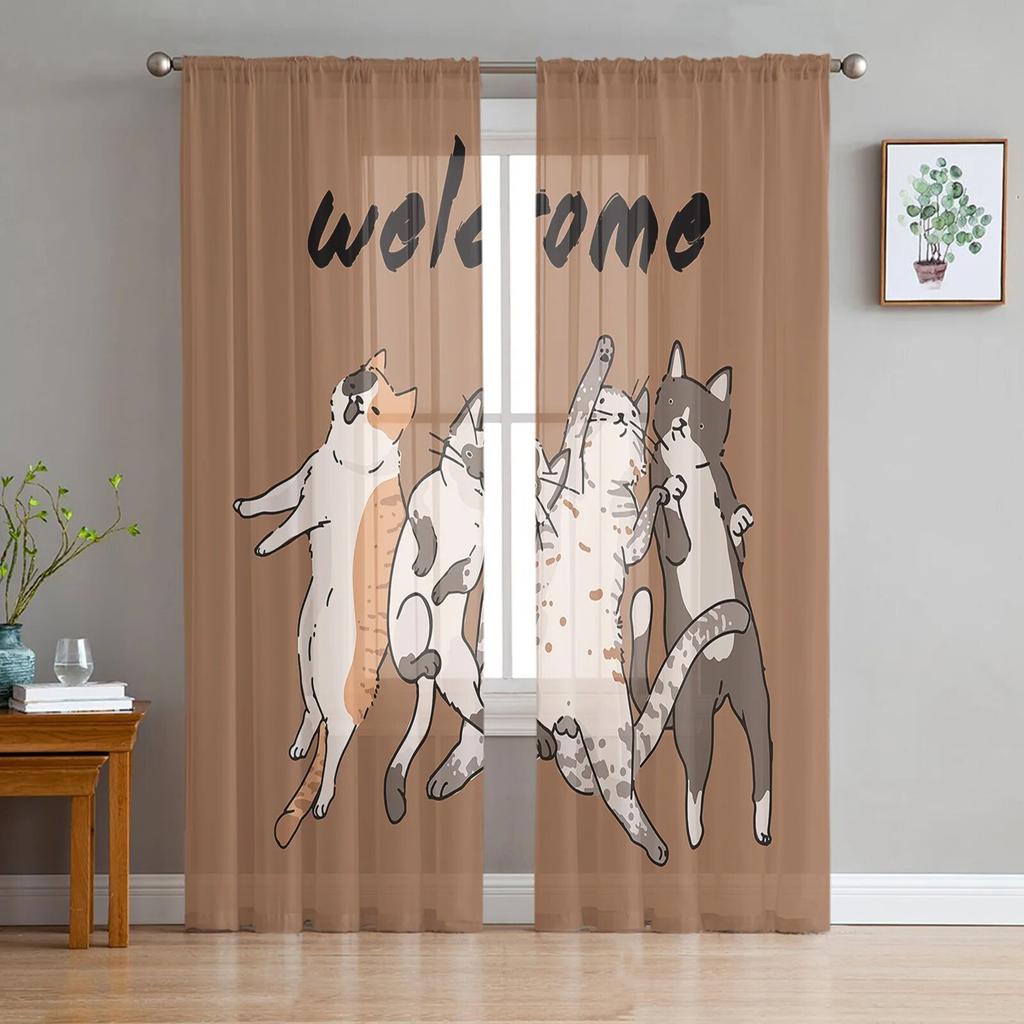 Cat Paw Retro Cute Window Curtains Sheer Chiffon Tulle Curtain Home Living Room Backdrop Decoration