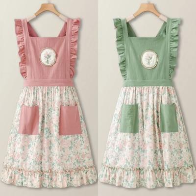 New Cute Summer Thin Apron Pure Cotton Breathable Gardening Overalls Household Pink Green Work Clothes for Painting Baking