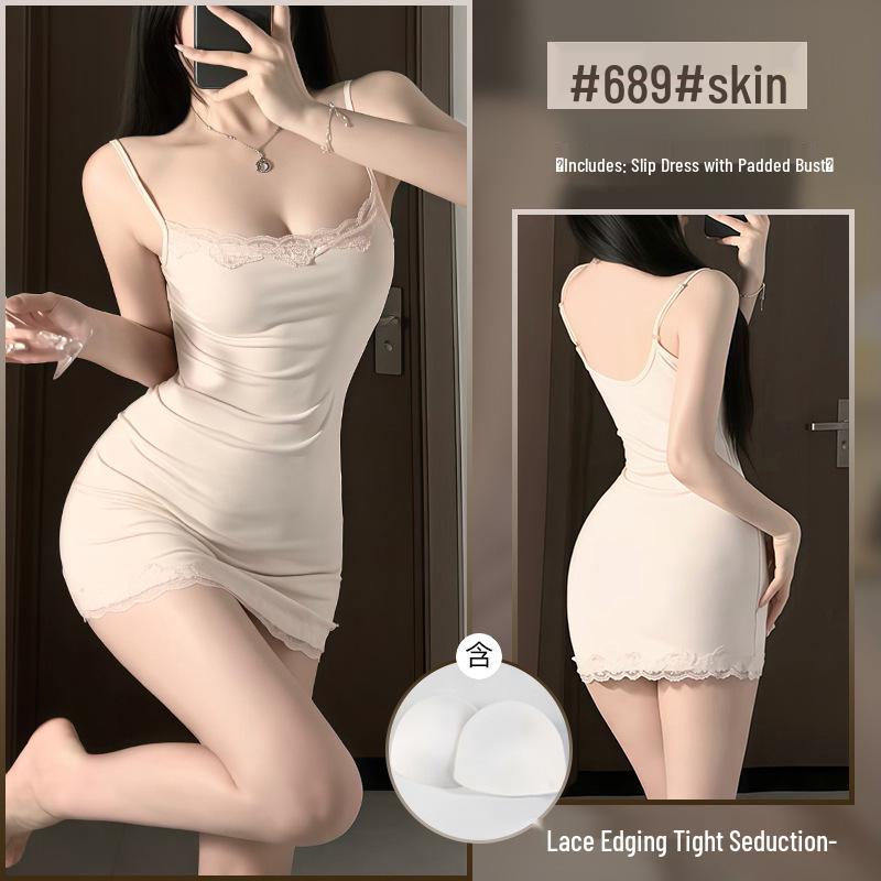 Xianyi Pure Desire Lace Splice Sexy Bodycon Sling Dress - Solid Color Sleepwear 689