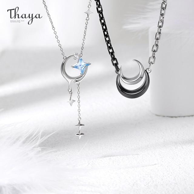 Thaya Corrente de Elo Colares Românticos Femininos Colares com Pingente de Estrela e Lua Gargantilha Design Original Adorável Joias Finas Para CasalCorrente Fofa