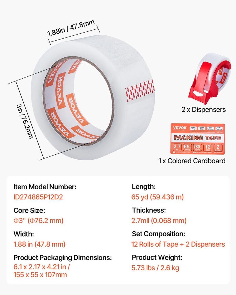 Packing Tape 12 Rolls 65 Yards Clear Shipping Tape with Dispenser 2.7 Mil