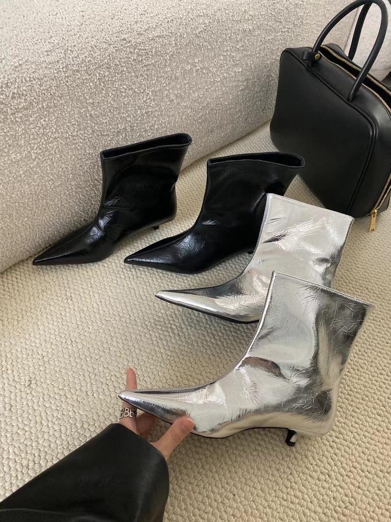 fashion Pointed Toe Women Ankle Boots 2024 New Arrivals Shallow Slip On Black Silver Winter Autumn Party Pumps Shoes Woman Size 35-39