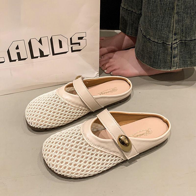 Flat-bottomed French bag head, half slippers, outer wear women's shoes, spring and summer 2025 new mesh breathable and comfortable soft-soled sandals