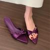 French kitten heel nude bow cool slippers fairy shoes outer wear 2025 summer high heels pointed sandals