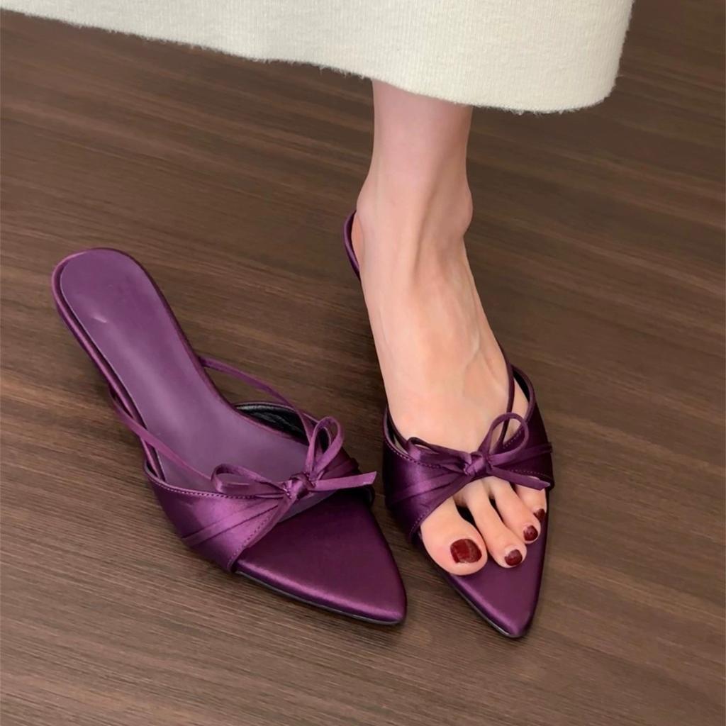 French Kitten Heel Nude Bow Cool Slippers Fairy Shoes Outer Wear 2025 Summer High Heels Pointed Sandals