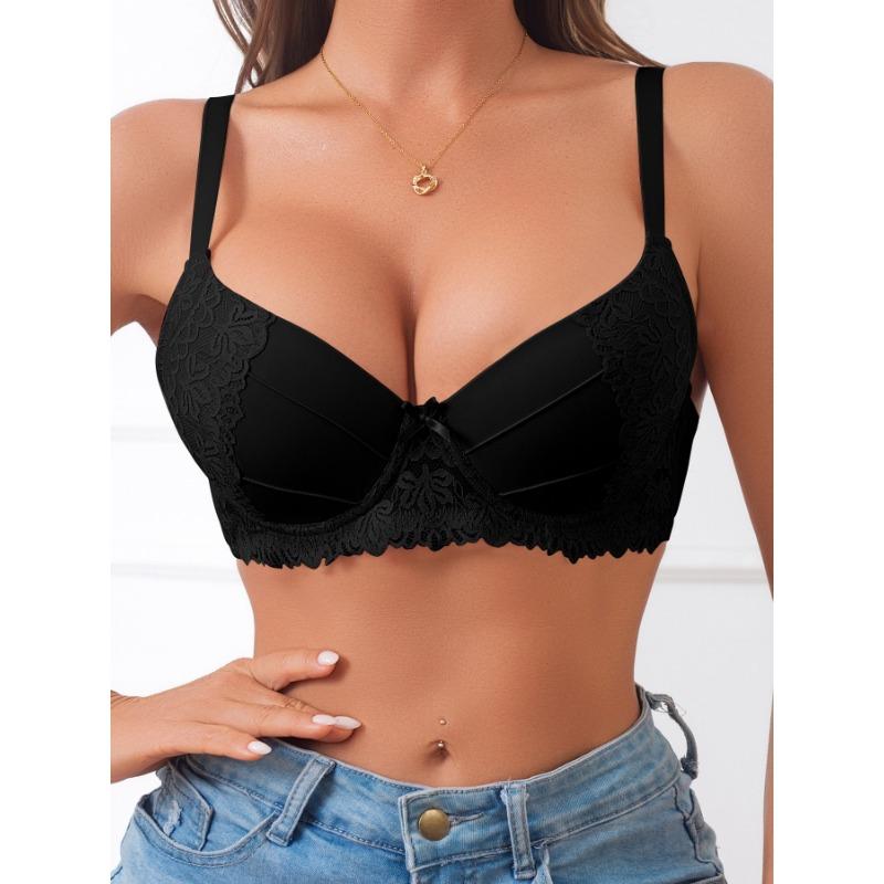 Black Floral Lace Push Up Bra Underwire Contour Bra with Bow Accent for Everyday Wear