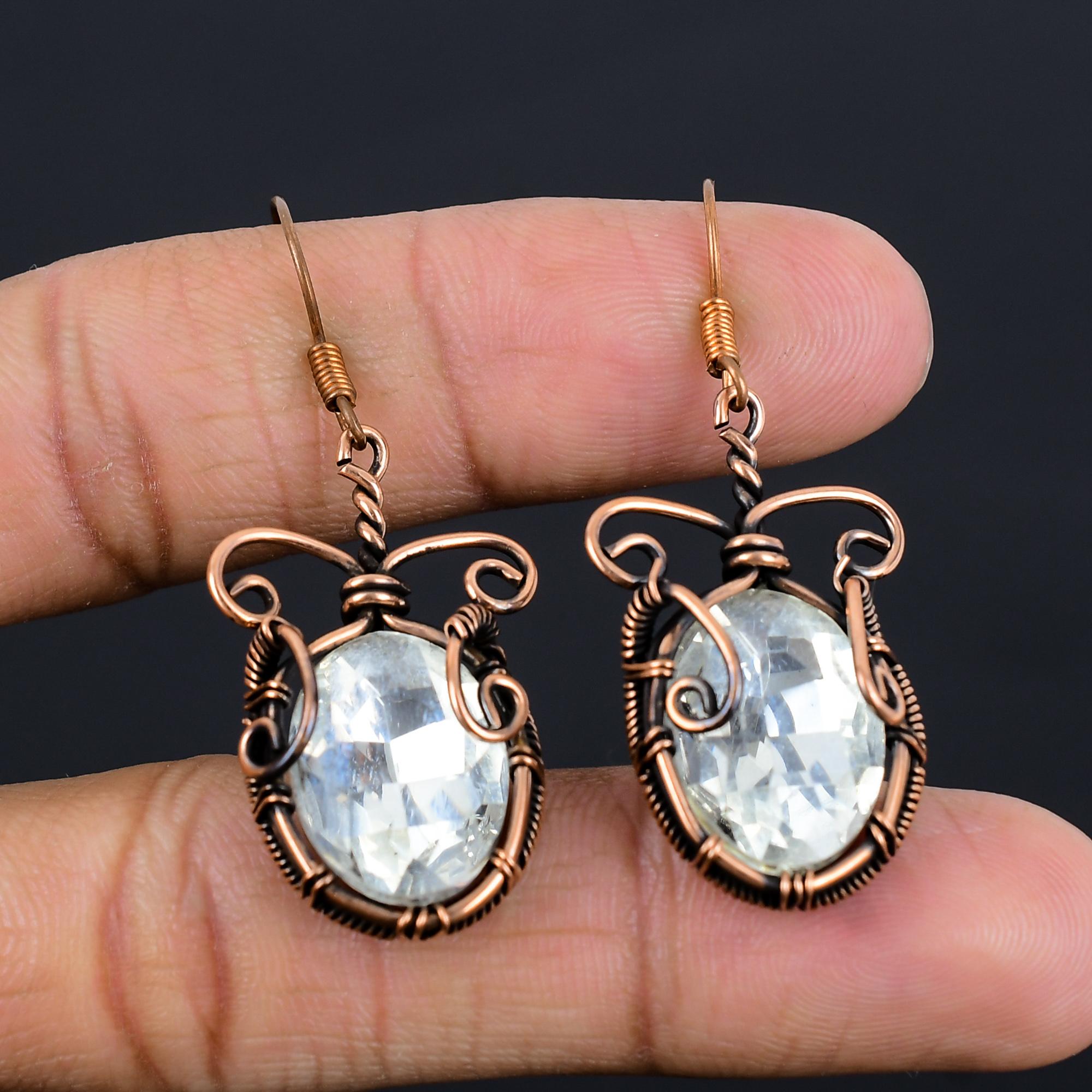 

Серьги с белым топазом, обернутые медной проволокой 999 пробы, серьги с драгоценными камнями ручной работы ко Дню памяти 2.55 Inches