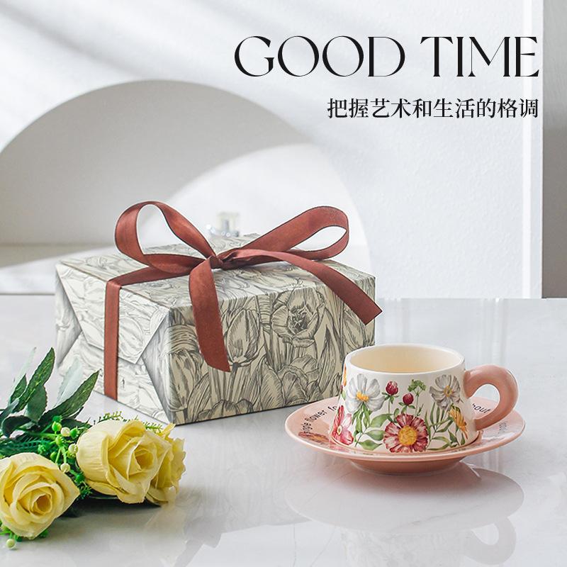 Flower Coffee Cup Saucer Set Ceramic Afternoon Teacup Souvenir Cup Gift Box High Value Birthday Gift