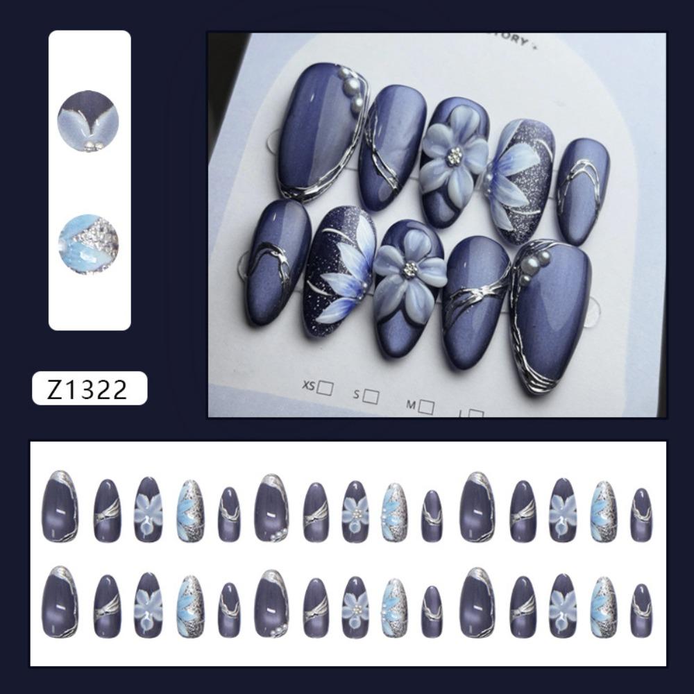 30pcs Long Square and Almond False Nails Crystal and Bow Knot Cat Eye Flowers Press On Nails French Detachable Fake Nails Women