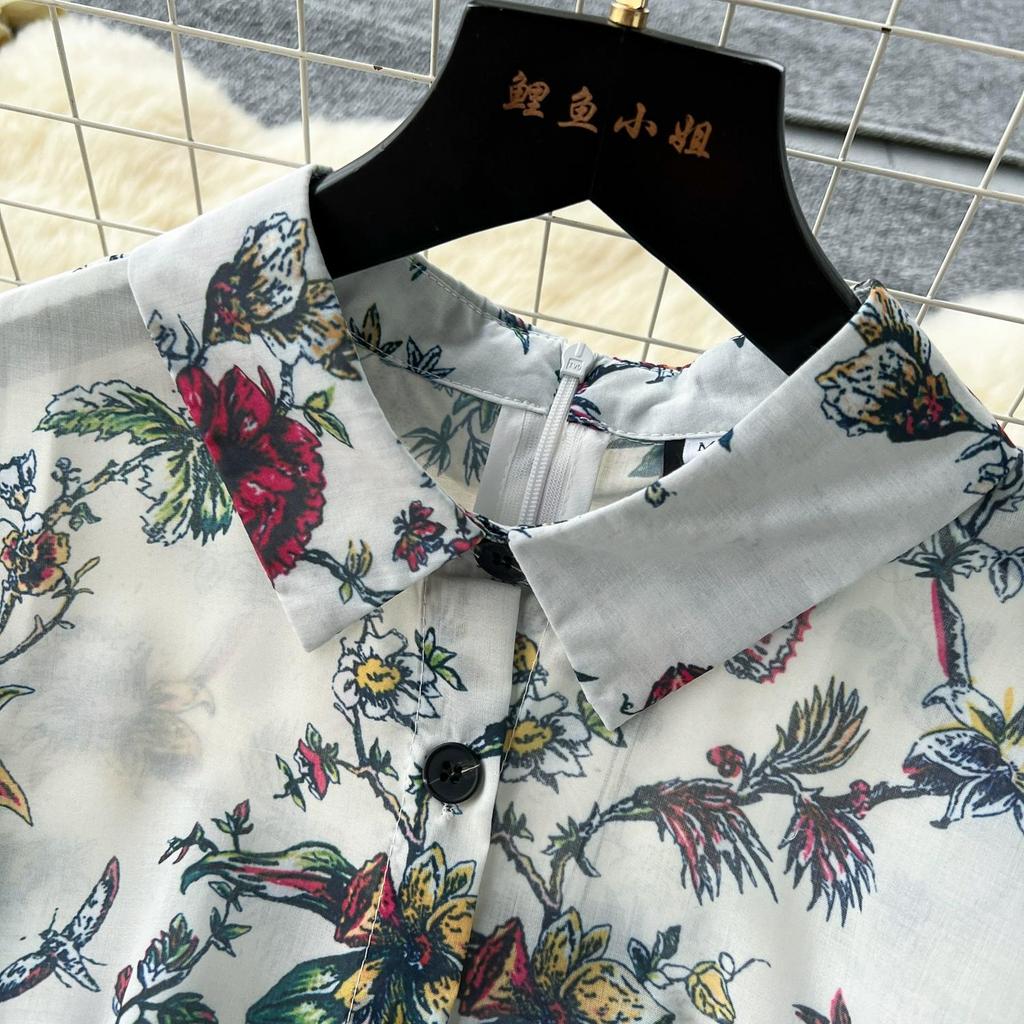 French Vintage Print Lapel Dress Women's Short Sleeve Floral Print High Waist Belt Office Lady Maxi Clothing Female