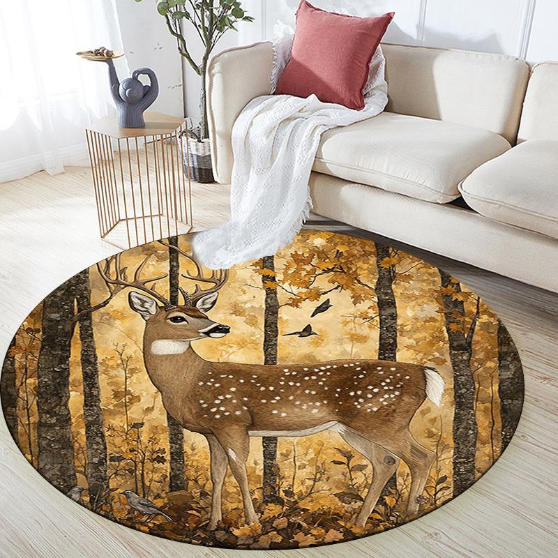 Forest Deer Round Area Rug,Carpet Rug for Living Room Bedroom Sofa Playroom Decor,Non-slip Floor Mat