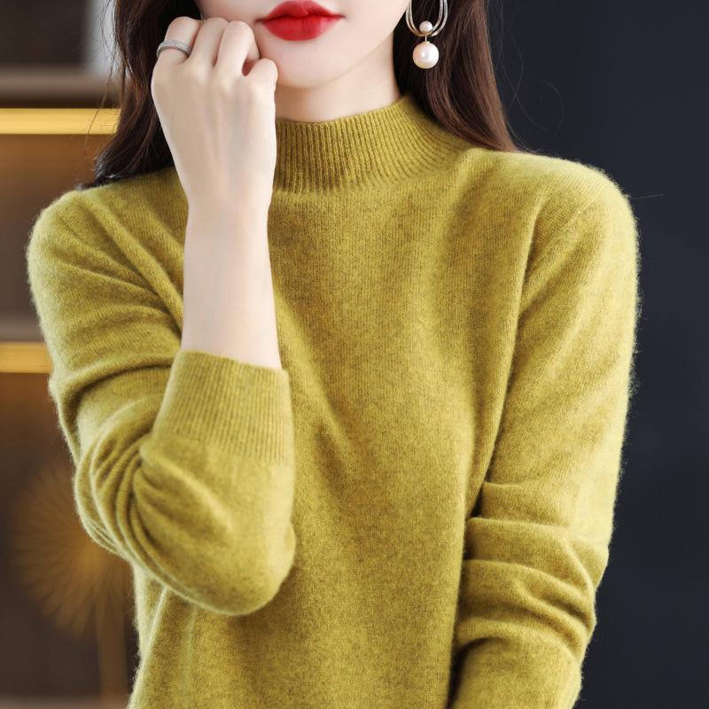 Women's Pure Wool Ribbed Sweater - Autumn/Winter Loose Fit Semi-High Neck Pullover