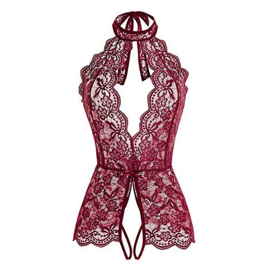 Women Bodysuit Halter Neck Lace Solid Color Soft Bodysuit Underwear