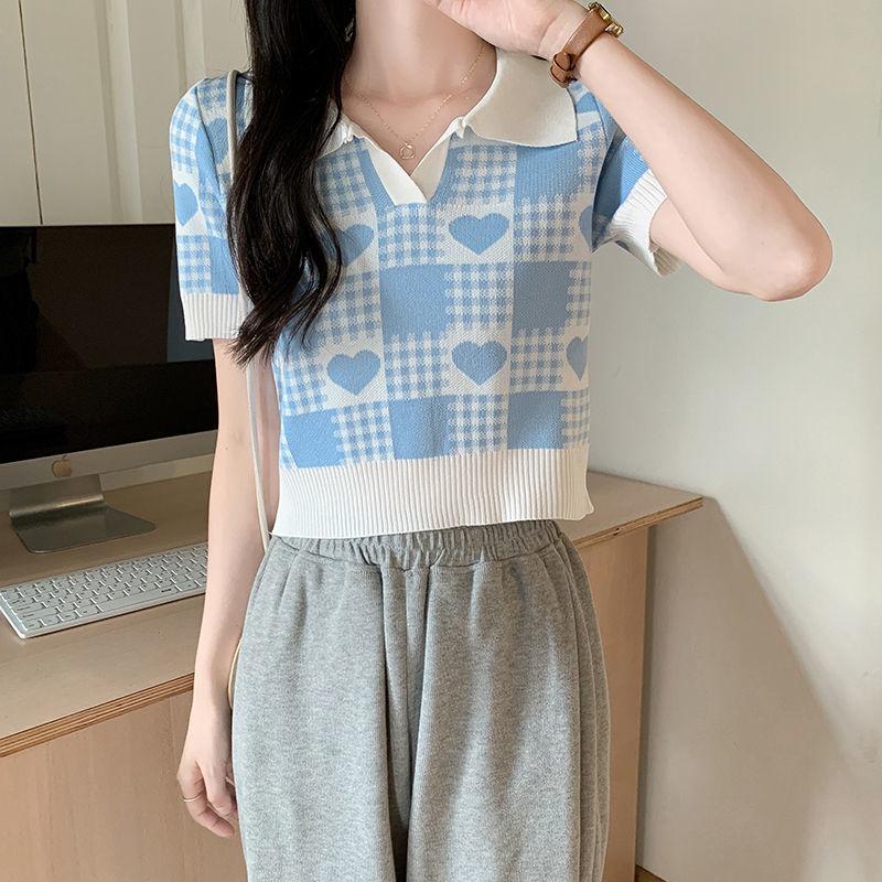 

Женская футболка-поло с воротником-поло с сердечками синего и белого цвета – стильный, милый, летний топ One Size [Fits 75-120 jin] синий