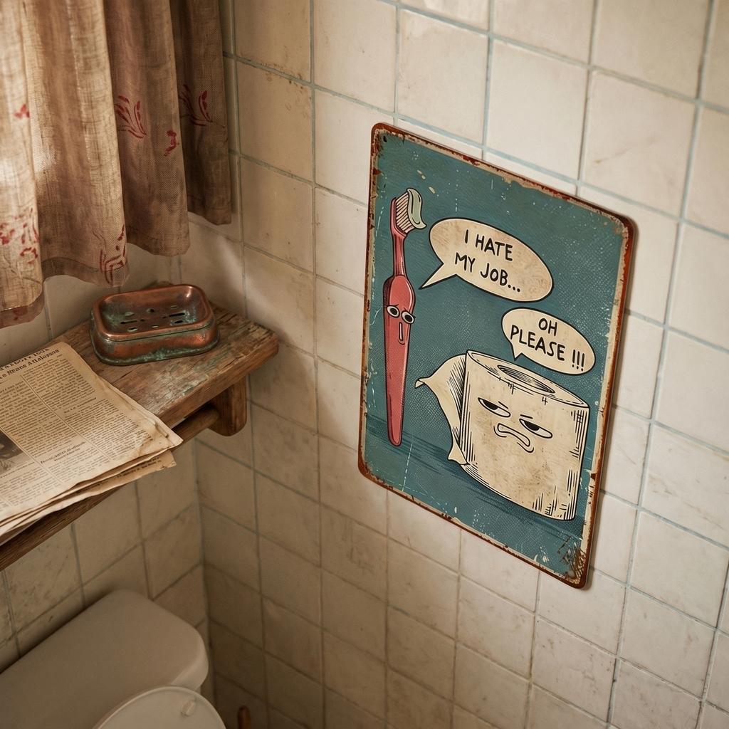 Metallschild im Vintage-Stil Badezimmer Wanddeko Retro Blechschild mit humorvollem Zahnbürsten- und Toilettenpapier-Design für Innen- und Außenbereich