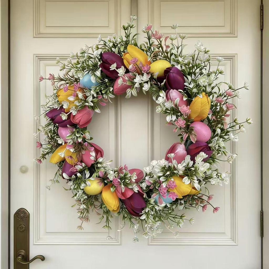 Easter Door Wreath 17 Inch Artificial Spring Flower Wreath Funny Front Door Decor for Home Entryway Yard Patio Farmhouse Party