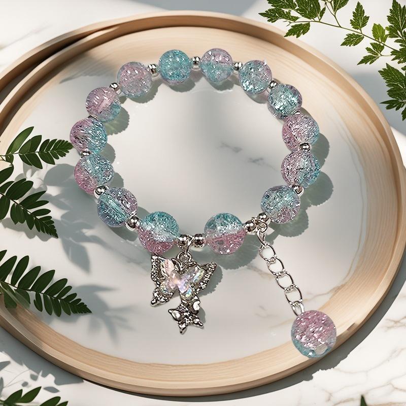 Braccialetto in Vetro Fiore Esplosione Fantasy da 10 mm: Ciondolo Farfalla Colore Degradé Design di Nicchia per Donne e Migliori Amiche.