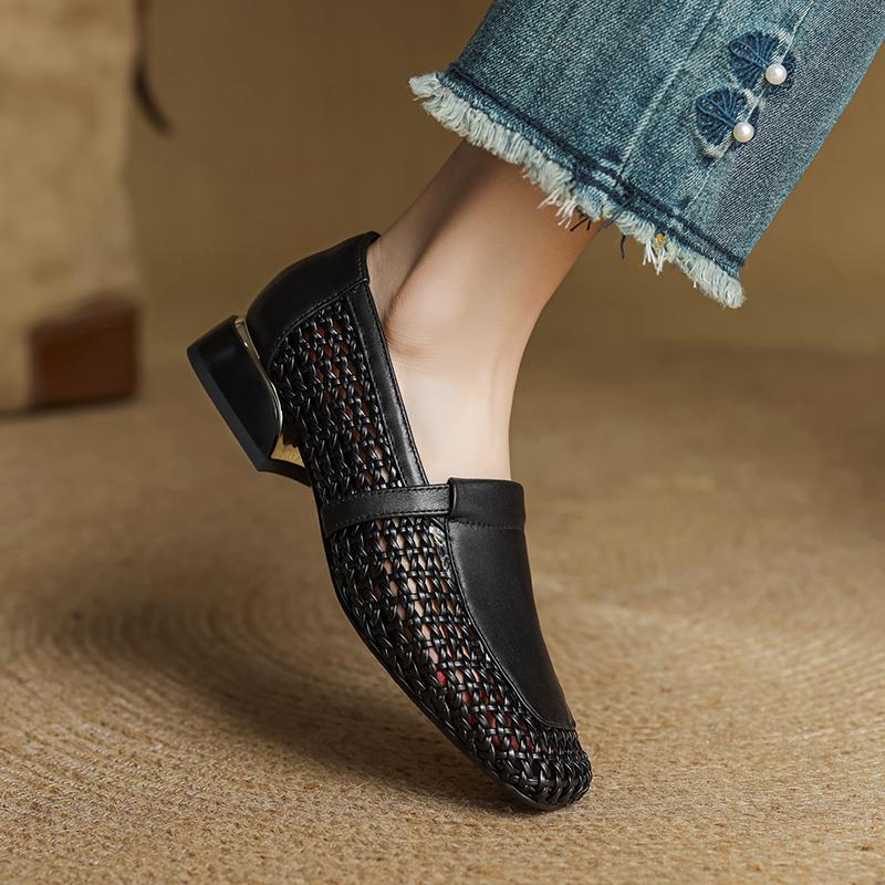 Fashion 2025 Retro Women Trend Summer Hollow Flat Shoes Genuine Leather Lady Round Closed Toe Low Heel High Heels Women Shoes for Women