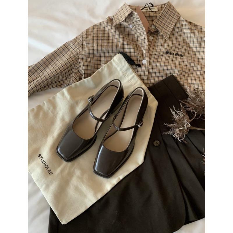 Sheepskin version temperament square head thin word with light mouth commuting thick heel Mary Jane shoes women's single shoes