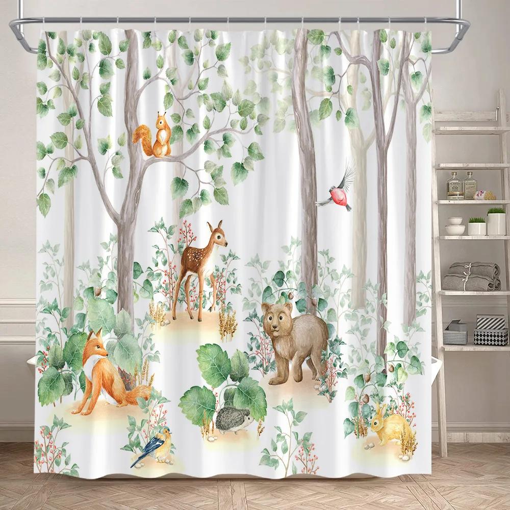 Cartoon Animals Shower Curtains Cute Fox Lion Deer Rabbit Autumn Floral Plant Kids Bath Curtain Polyester Bathroom Bathtub Dec