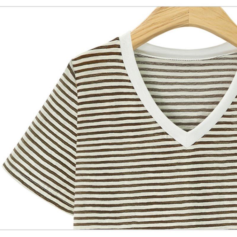 Summer Casual Striped T Shirt Pinstripe T-Shirt V-Neck T-Shirt Classic-Fit Short Sleeve T-Shirt for Female Women's Commuter Fashion T-Shirt