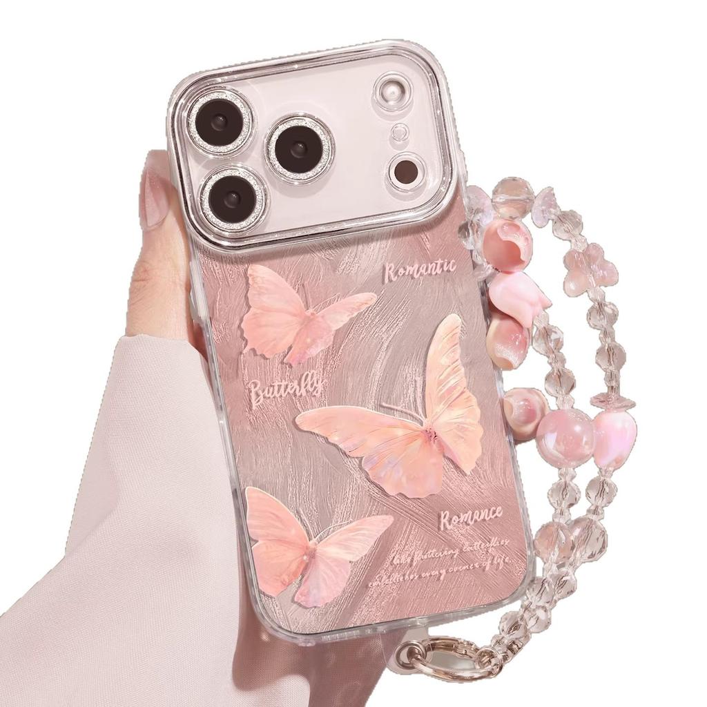 Pink butterfly mobile phone case is suitable for Apple 16 Pro feather yarn 15 with lanyard 14 spring 13 sets of iphone17 new.