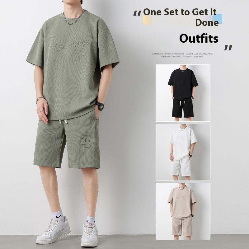 Souprava šortek s kulatým výstřihem Volný ležérní Jednobarevný Pánské tričko s krátkým rukávem Šortky Tenké