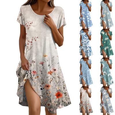 Short Sleeve Boho Dress For Women Casual Loose Fit Summer Sundress Floral Print Dress With Pockets