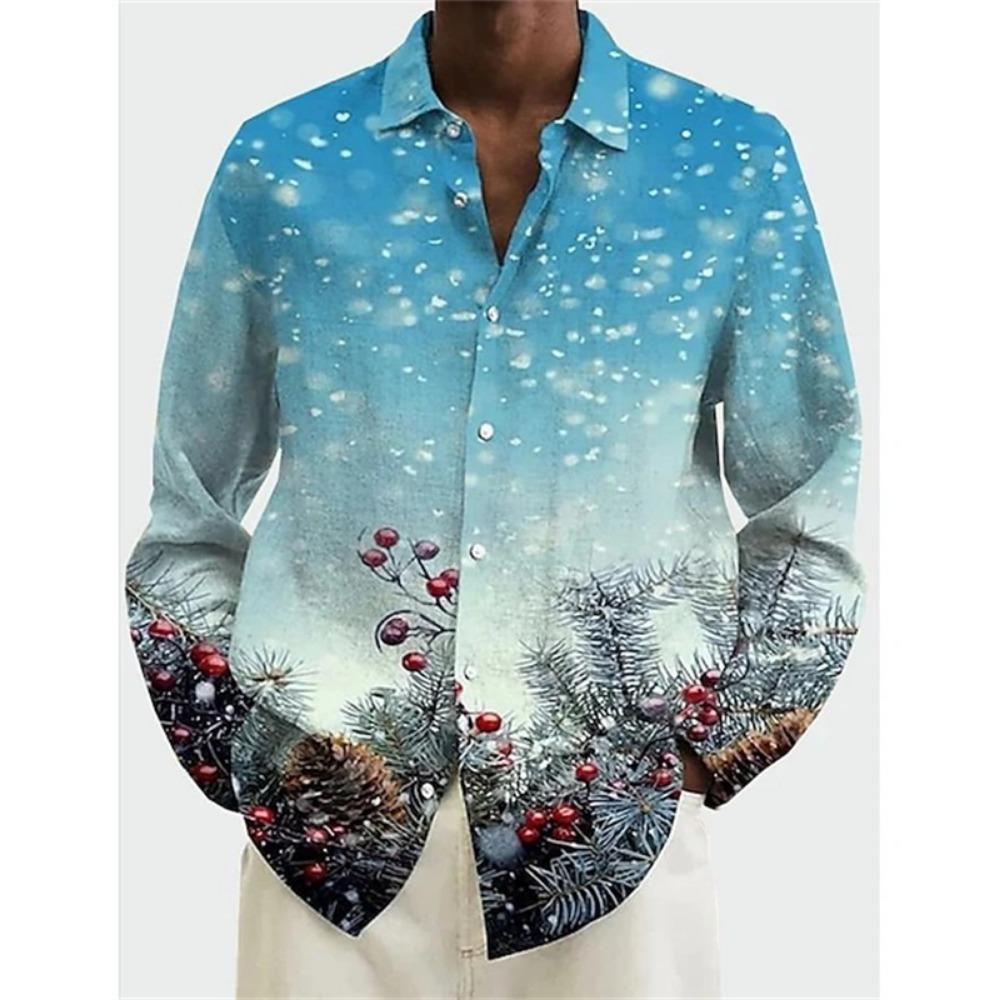 Men Button‑up Long Sleeve Shirt Festive Christmas‑snow‑village Art Motif Turn‑down Collar Year‑end Theme‑party Gathering Outfit