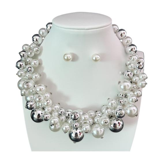 Vintage Faux Pearl Necklace 1 Set Chunky Jewelry, Beaded Choker And V-neck Accessory Earrings, Metallic for Women Dinner Parties Wedding Statement