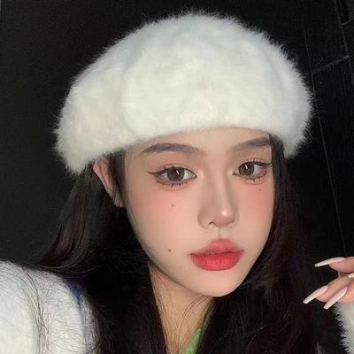 Furry Rabbit Hair Beret Versatile Autumn and Winter Windproof and Warm Hat for Women Showing Their Faces. Little Painter Newspaper Boy Hat