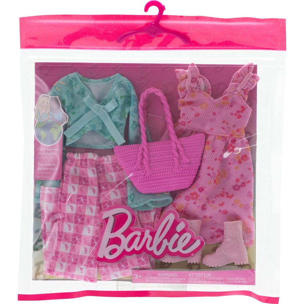 Barbie Fashion 2-Pack Flower Dress and Pants Set Doll Clothes and Accessories for 3 Years and Up Pink HRH43