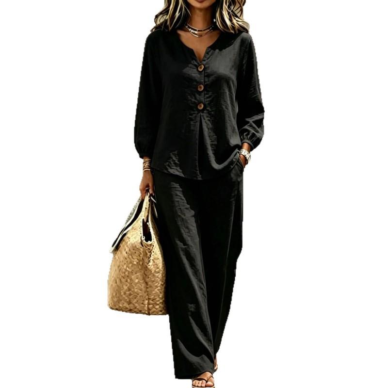 Womens Casual V-Neck Button-Up Lantern Sleeve Top Wide-Leg Pants 2-Piece Set Cotton Linen Blend