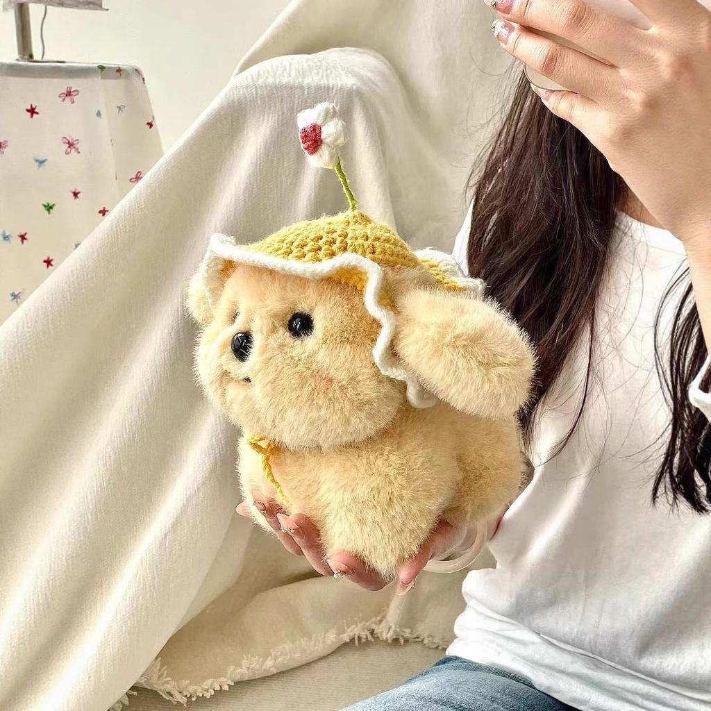 Plush Adorable Dog Toy Stuffed Doll With Summer Hat For Childrens Room Decor