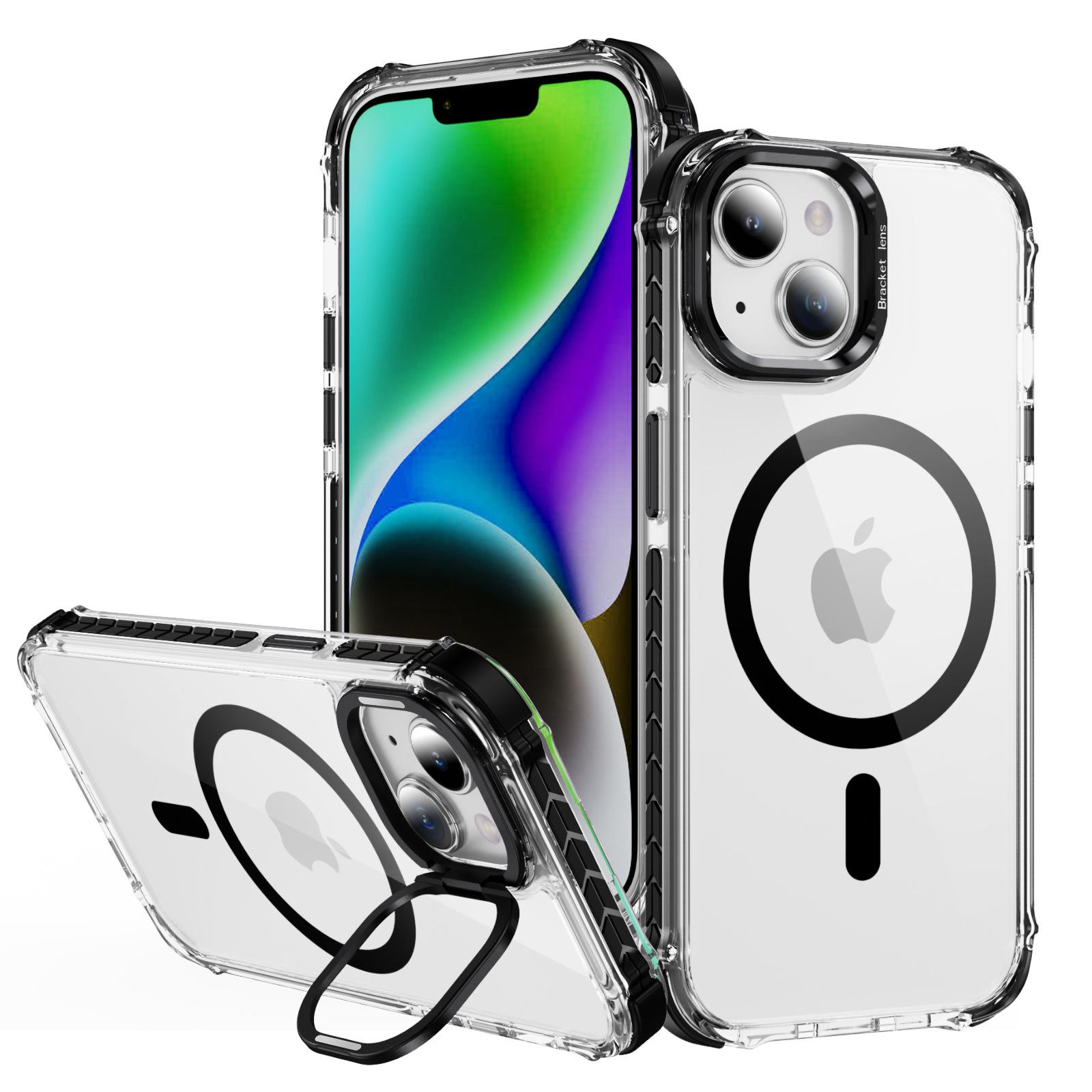 

For iPhone 15 Clear Phone Case with Lens Kickstand Cover Compatible with MagSafe Black