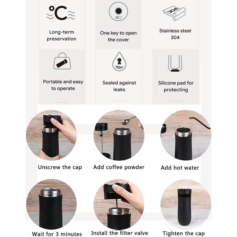 Przenośny ekspres do kawy French Press na podróż, izolowany próżniowo ekspres do kawy i filiżanka do herbaty, mini kubek próżniowy, kubek do kawy z filtrem
