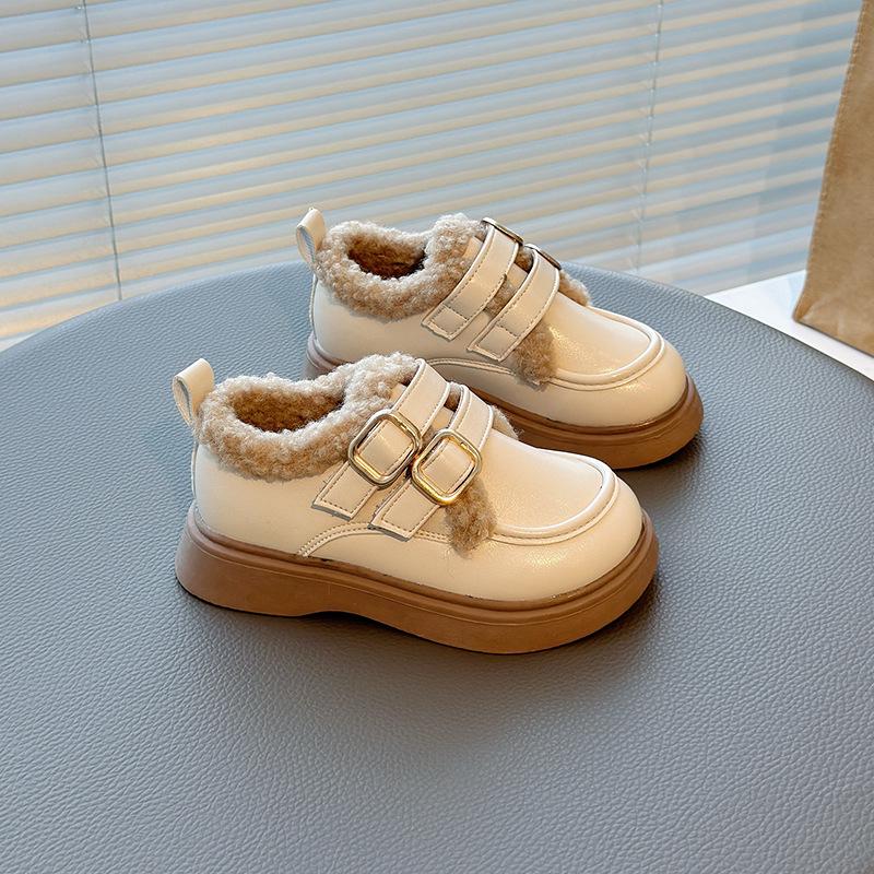 Зима 2025 Девочки Кожаные Туфли Принцессы: Двухслойные велюровые, противоскользящие, теплые хлопковые бобы. 23