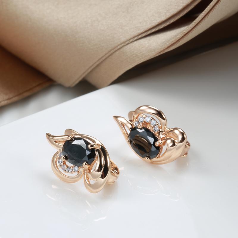 Women Earrings Fashion Luxury Rose Gold Hollow Flowers Black Natural Zircon Drop Earrings Wedding Jewelry