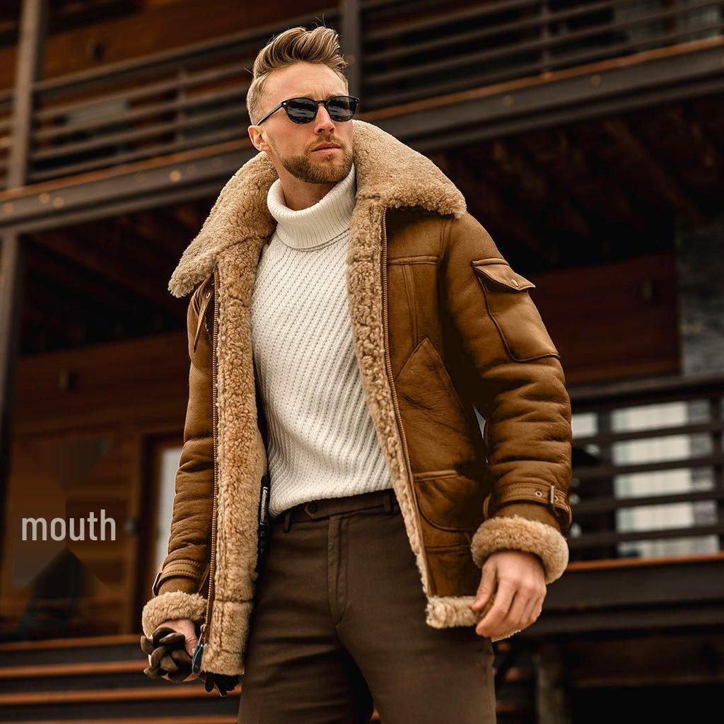 Men's 2021 Faux Leather Shearling Jacket - Thickened Mid-Length Fleece Coat