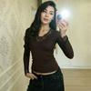 Sexy Neues V-Ausschnitt Spitzen Langarm T-Shirt für Damen im Frühling und Herbst Slim Fit Basic Bottom Top Süß Einfarbige Durchbrochene Hemden Elegante Kleidung