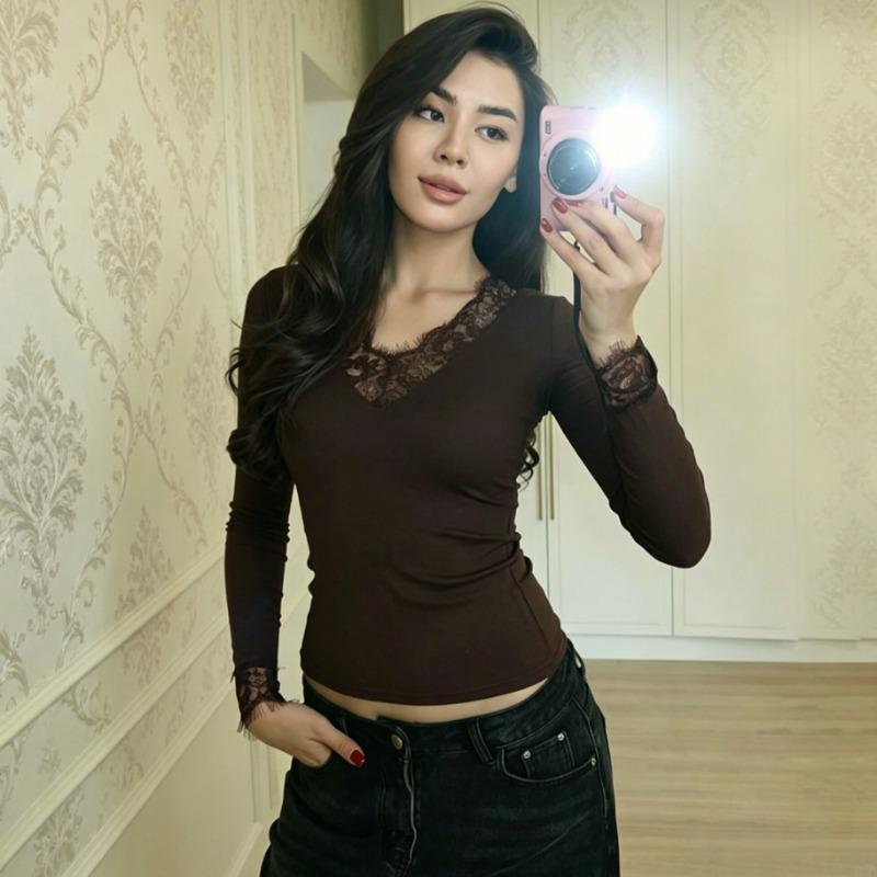 Sexy Neues V-Ausschnitt Spitzen Langarm T-Shirt für Damen im Frühling und Herbst Slim Fit Basic Bottom Top Süß Einfarbige Durchbrochene Hemden Elegante Kleidung