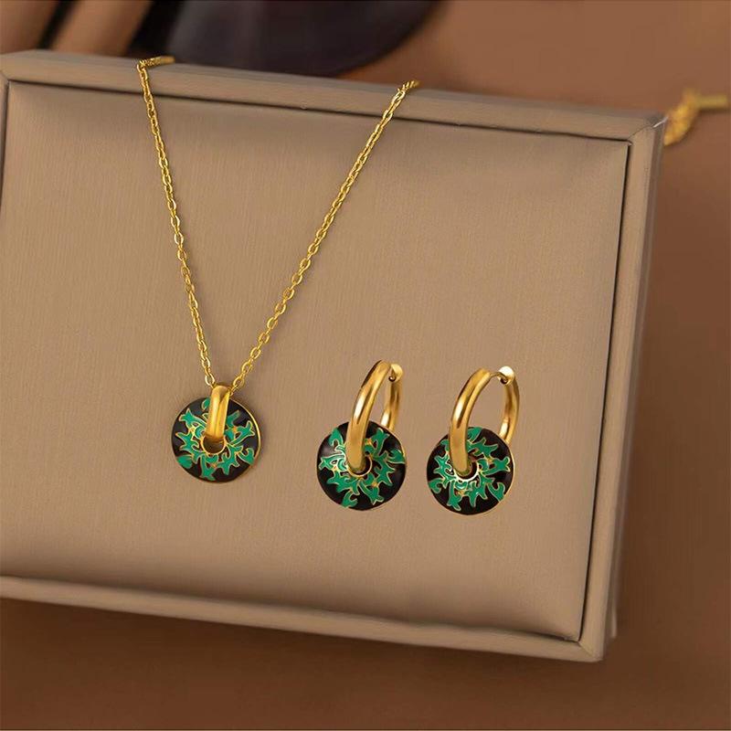 Necklace Earrings Set Stylish Vintage Painted Daisy Pattern Circle Stylish Female Titanium Steel